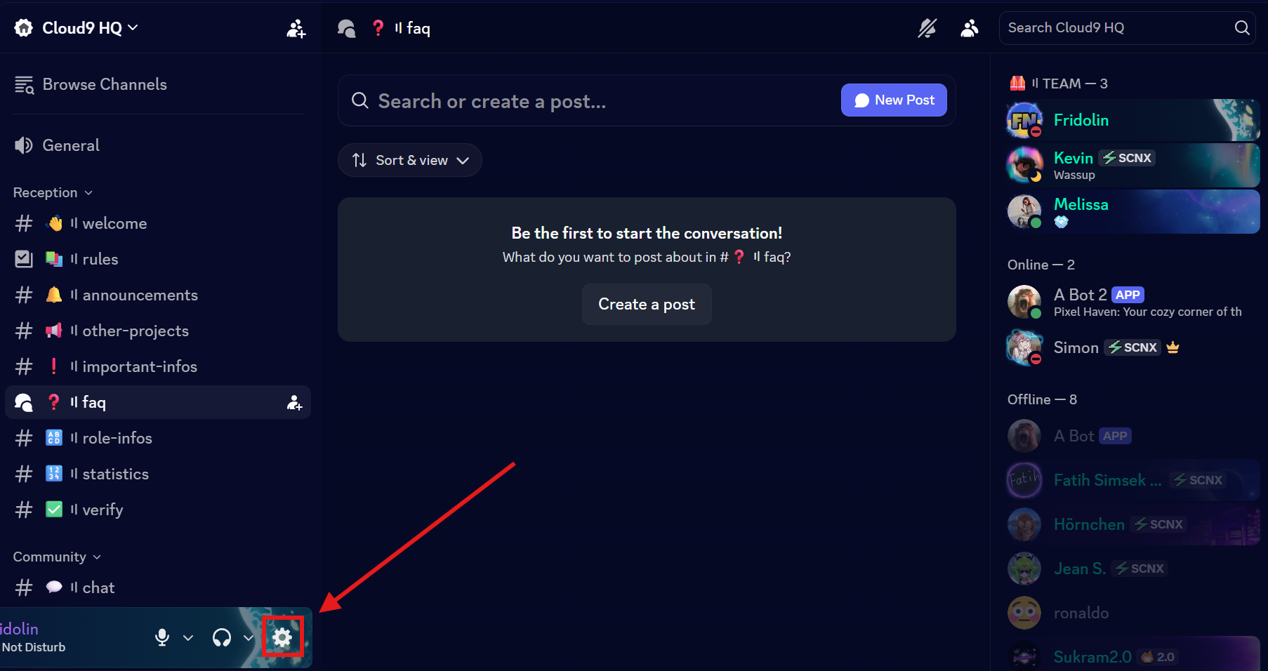 A screenshot of a Discord server marking the gear icon